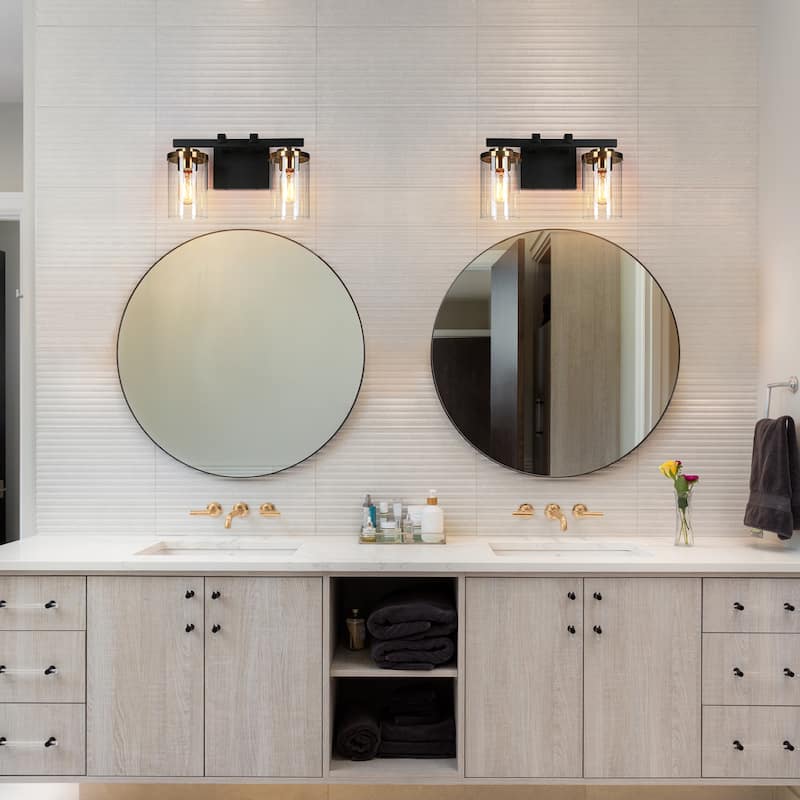 Modern Farmhouse 2-Light Black Gold Bathroom Vanity Light Glass Wall Lighting - 14" L x 6" W x 8" H
