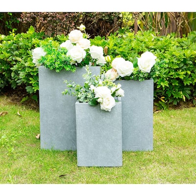 19", 16" and 13"H Square Slate Gray Concrete/Fiberglass Indoor Outdoor Elegant Planters (Set of 3)