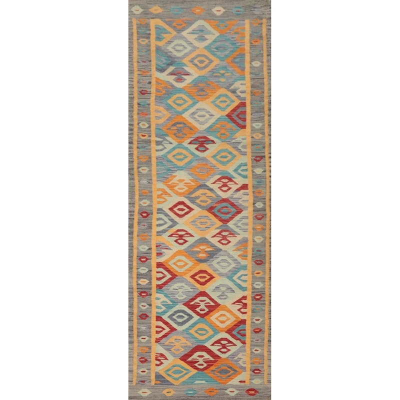 Hand Woven Oriental 100% Wool Carpet Southwestern Tribal Multi-Colored Kilim Runner Rug - 9' 0'' X 2' 6''