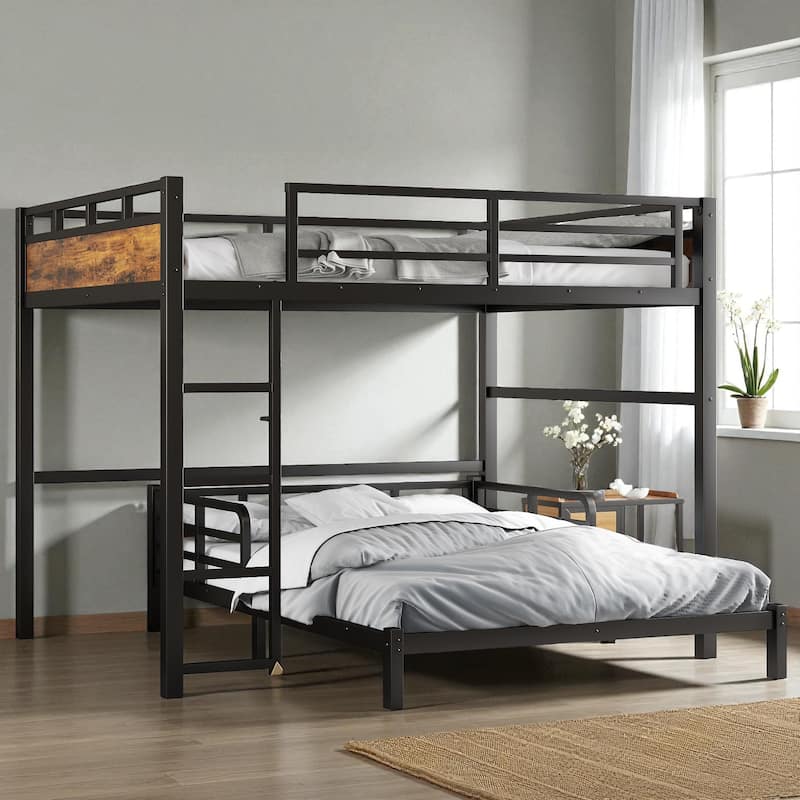 Queen over Queen Metal Bunk Bed Frame with Guardrails, Convertible Loft and Platform Beds, Noise-Free Design