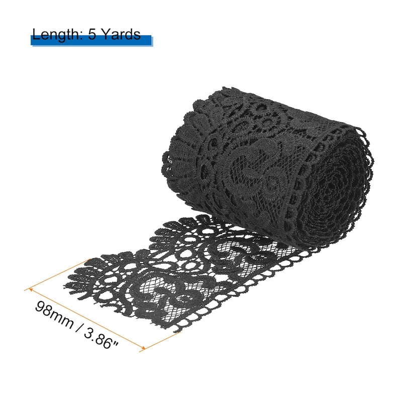 4 Inch Wide Lace Ribbon Floral Pattern Lace Trim Ribbon - Black - 5 Yard