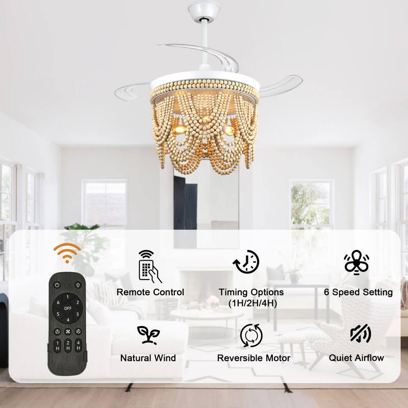 Bella Depot 42" Bohemian Retractable Ceiling Fan with Remote and Light 6-speed Reversible DC Motor