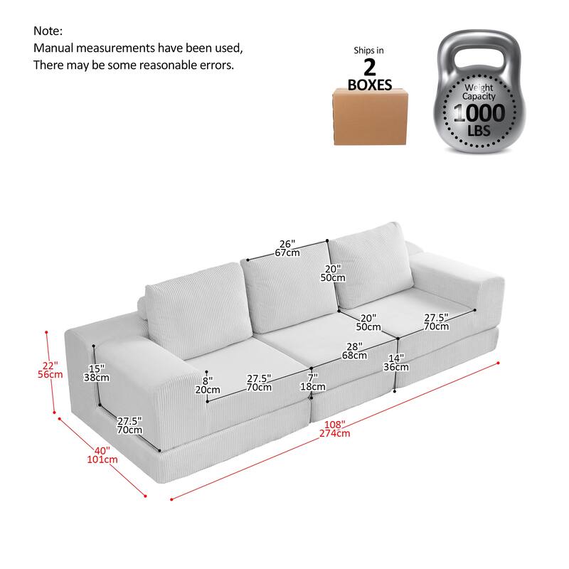 Modular Sectional 3-Seater Cloud Sofa,Corduroy Convertible Sofa Bed