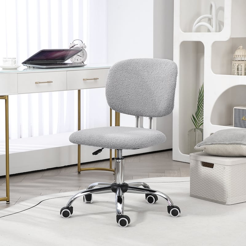 Cute Armless Office Chair with Teddy Fleece Fabric, Adjustable Height & Swivel Wheels for Home Office
