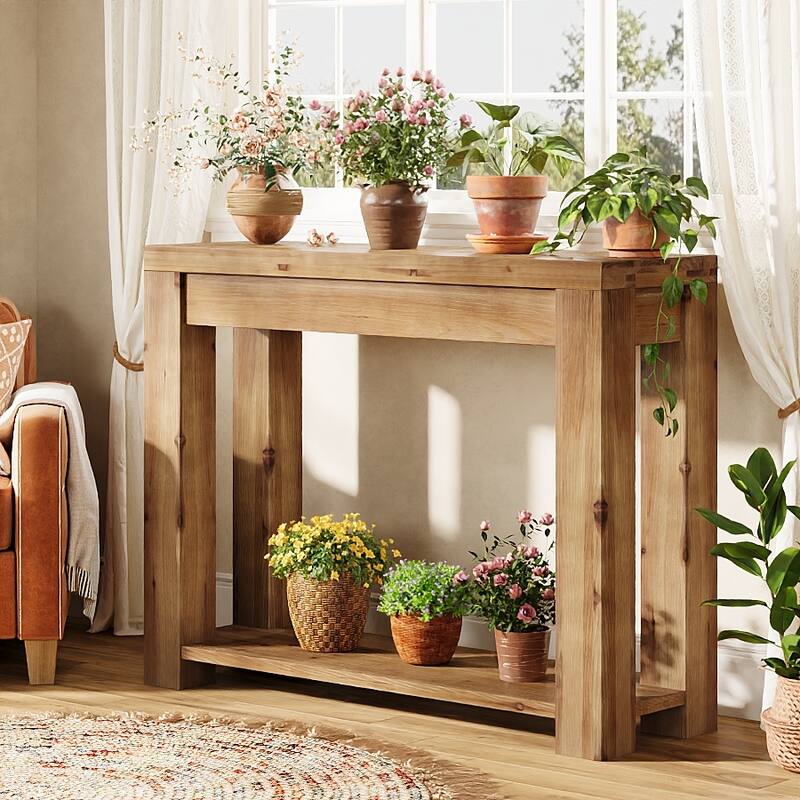 43.3" Solid Wood Console Table with 2-Tier Storage, Entryway or Sofa Table