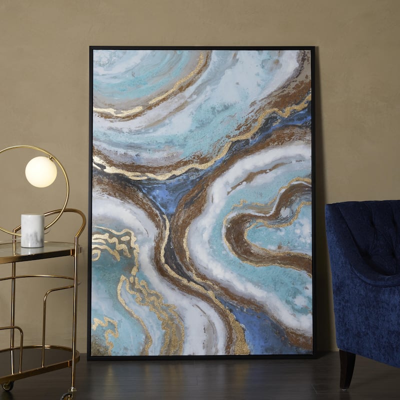 Canvas Geode Enlarge Slice Living Room Framed Wall Art with Gold Foil Accents - Blue - Roche River Decor