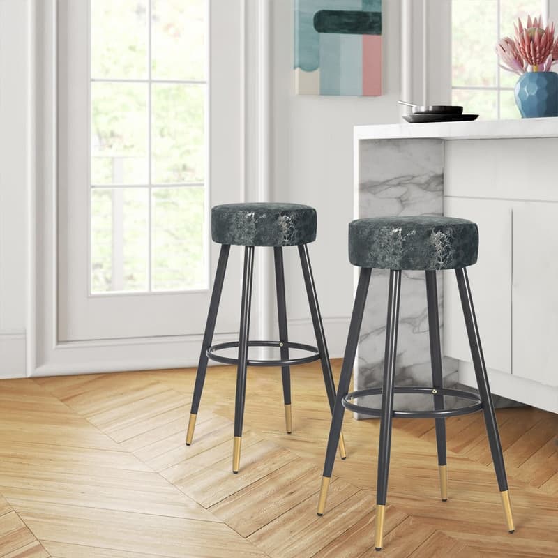 Adeco Modern Velvet Bar Stools Set of 2 Round Breakfast Footrest - 20.5"D x 20.5"W x 29.5"H.