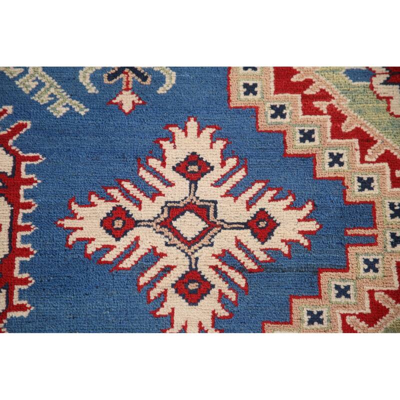 Blue Geometric Kazak Area Rug Handmade Oriental Wool Carpet - 6'8" x 9'9"