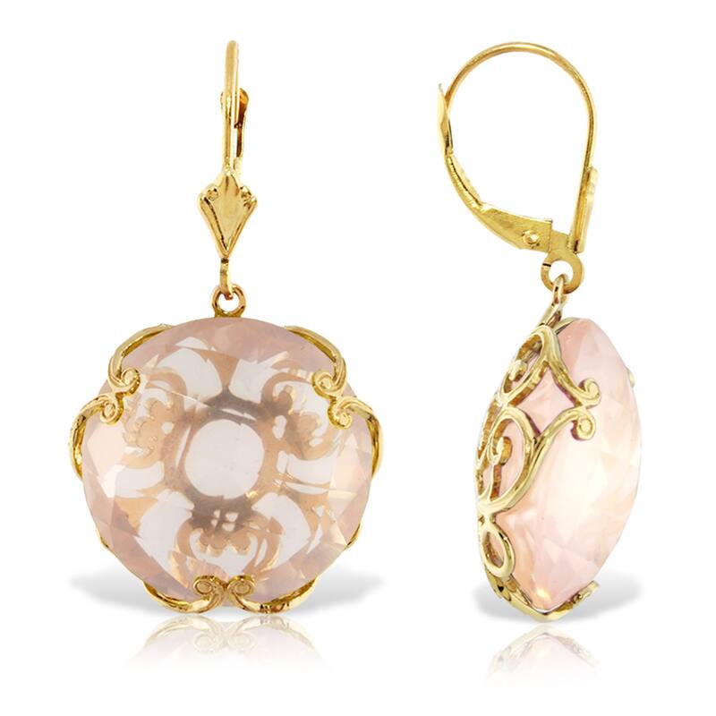 14K Solid Gold Leverback Gemstone Earrings Round Rose Quartz - Yellow