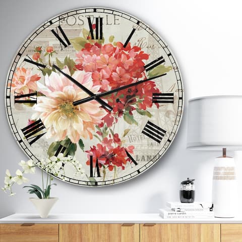 Designart 'Red Painted Flowers on Vintage Postcard I' Traditional Large Wall CLock