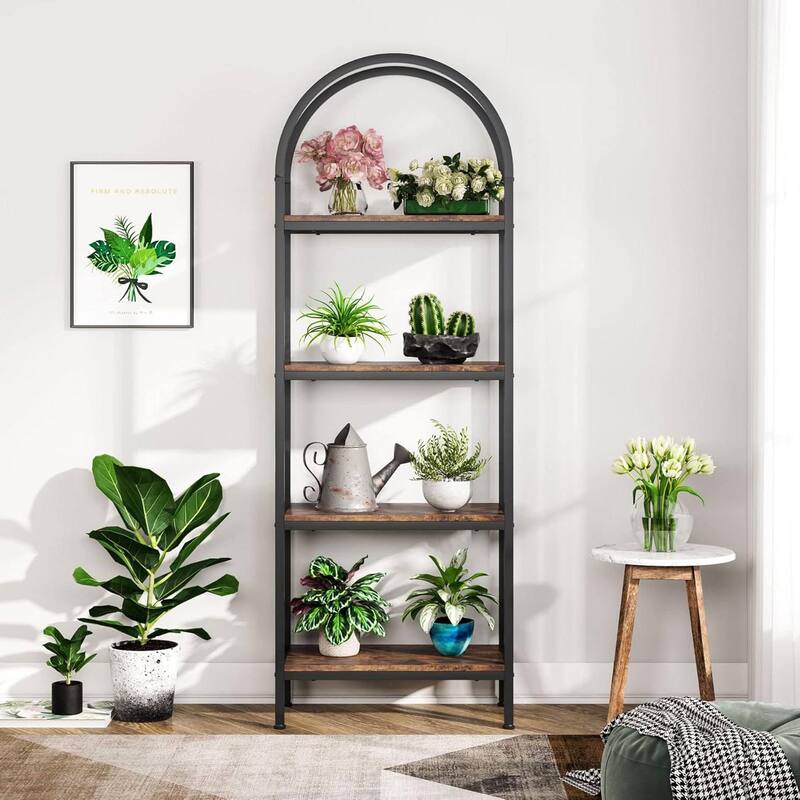 Modern Industrial Metal Wood Display Rack Bookcase with 4 Storage Shelves - 23.62” L* 11.81” W * 70.86” H