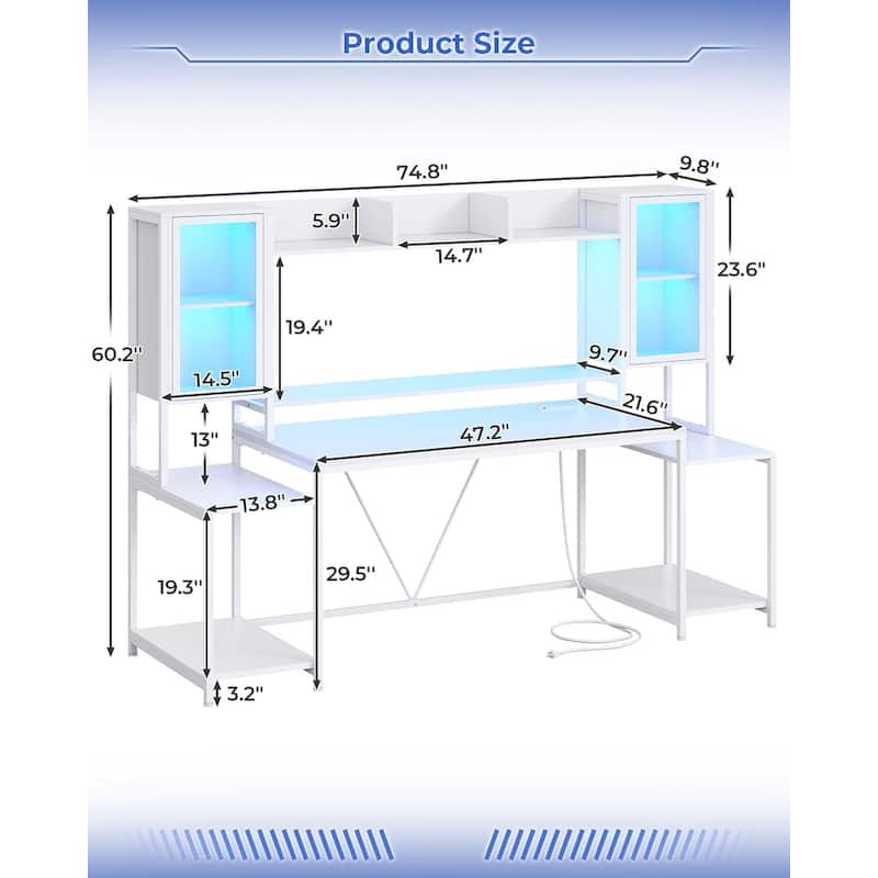Gaming Desk LED Lights Hutch and Storage Shelves Glass Display Cabinet