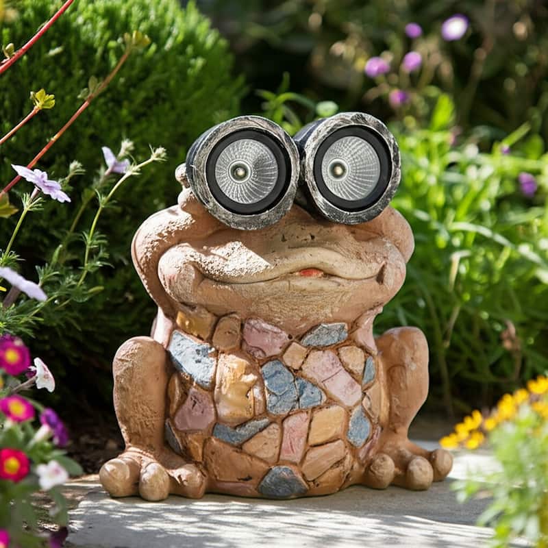 Resin Frog Statuary Solar-Powered Light-Up Goggles and Mosaic Texture