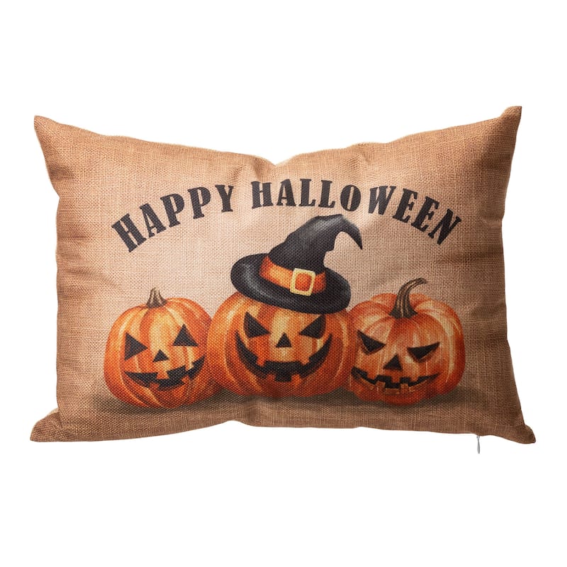 Glitzhome 18"L Faux Burlap Fall Thanksgiving Pumpkin Pillow Halloween Decor - Happy Halloween