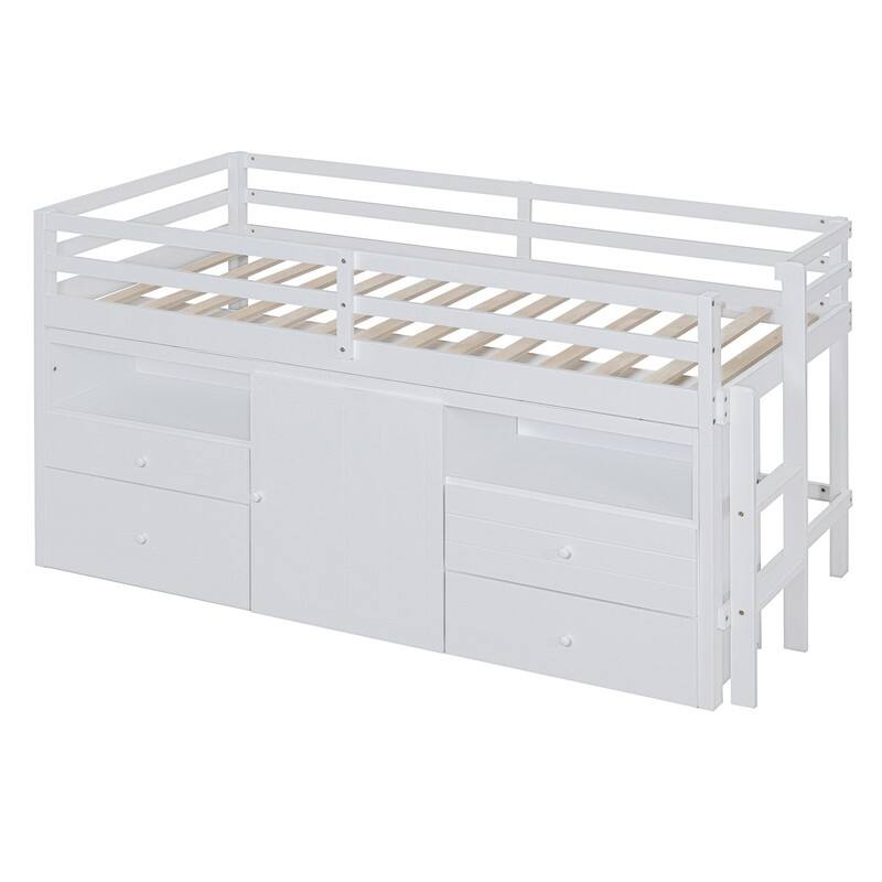 Twin Size Loft Bed with 4 Drawers, Underneath Cabinet and Shelves