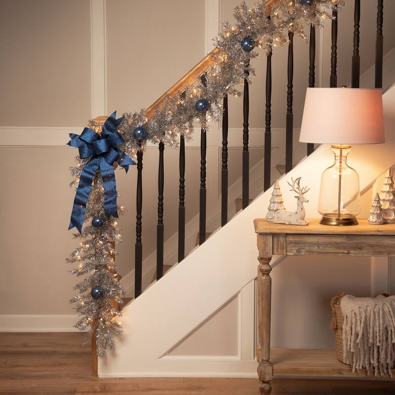 9' x 12" Pre-Lit Silver Tinsel Artificial Christmas Garland Clear Lights