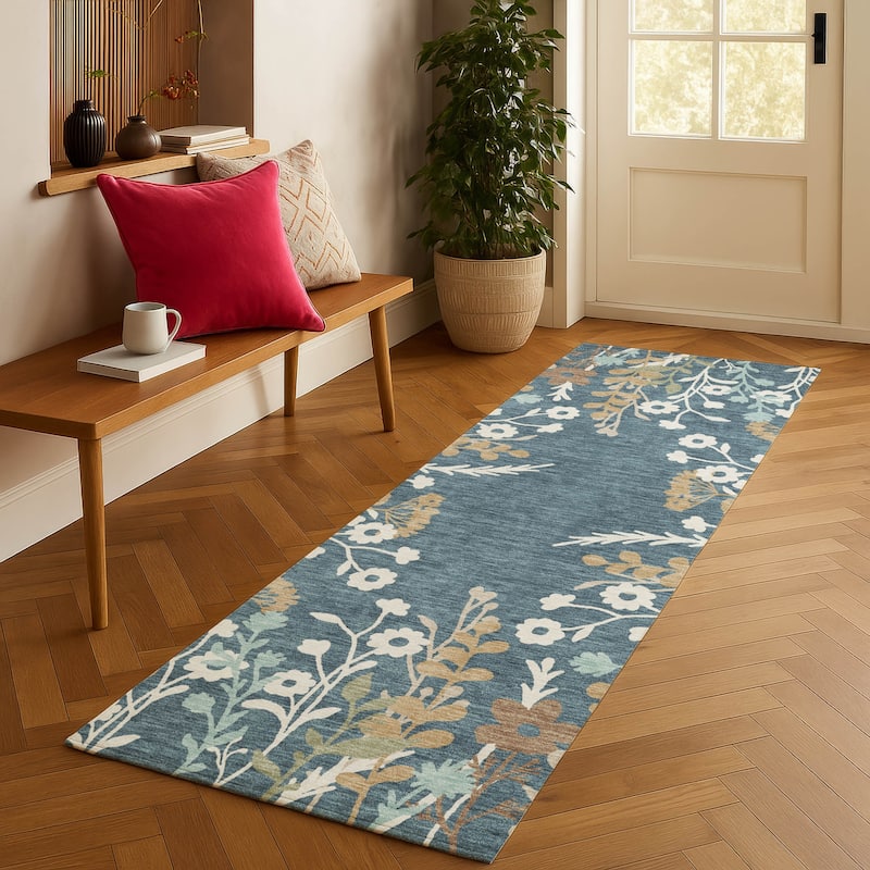Machine Washable Indoor/ Outdoor Floral Border Chantille Rug