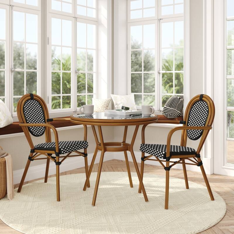 Indoor/Outdoor Commercial Bistro Set with Table and Two Chairs - Black & White Rattan/Natural Frame