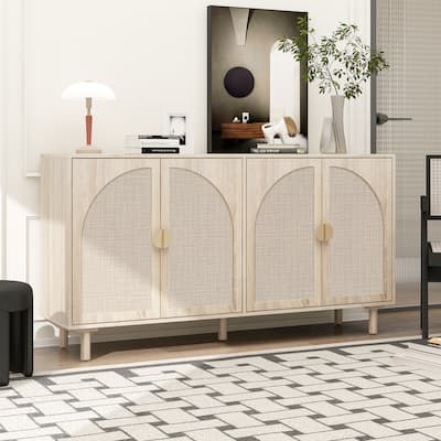 Engineered Rattan Sideboard Accent Cabinet w/Semi-circle Handle, 4 Door Storage Cabinet Buffet Cabinet TV Console Table, Natural