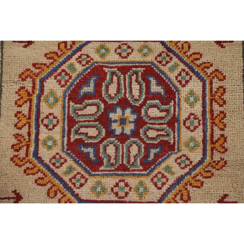 Geometric Kazak Runner Rug Hand-Knotted Yellow Wool Carpet - 2'10" x 13'0"