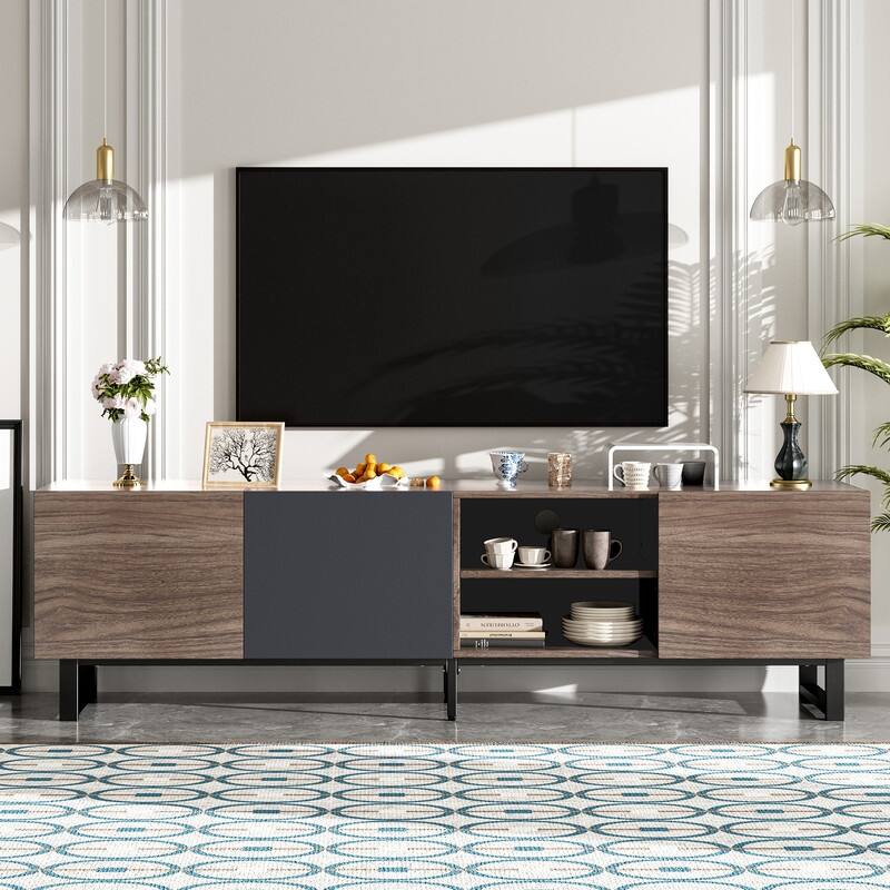 Modern TV with 3 Cabinets& Open Shelves, Console Table for TVs up to 80"