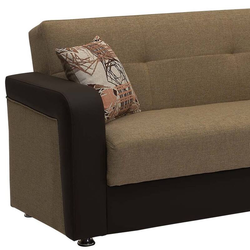 HomeRoots 90" Brown Chenille And Faux Leather Convertible Futon Sleeper Sofa And Toss Pillows With Storage