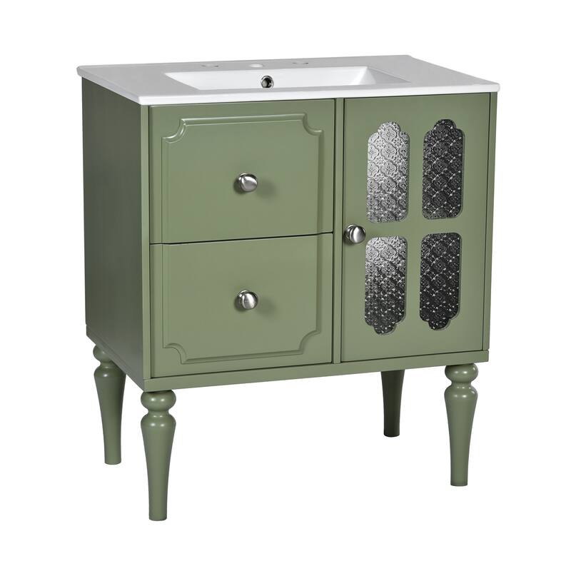 Bathroom Vanity with Ceramic Sink, Single Vanity with Tip-Out Drawer, Storage Cabinet with Glass Doors and Drawers