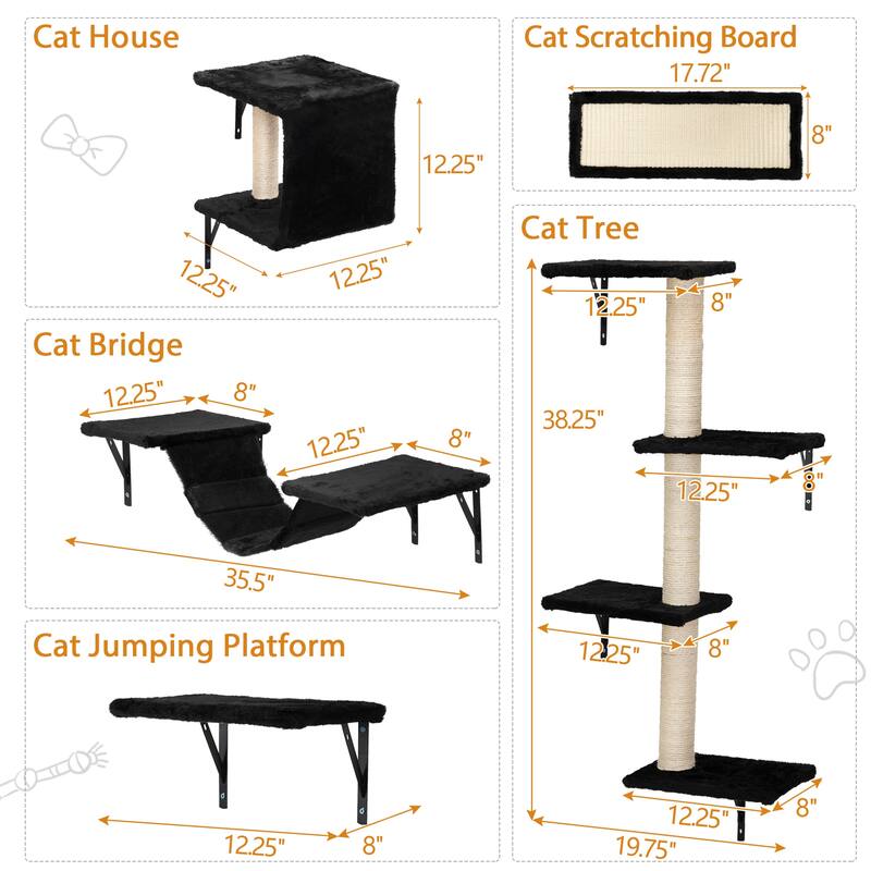 Cat Wall Shelves, Wall-Mounted Cat Climber Set of 5, Floating Cat Perches, Cat Furniture - Black