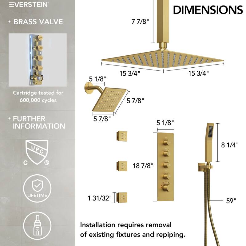 Dual Heads 16" Rainfall & High Pressure 6" Shower Head 3 Way Thermostatic Faucet System w/ 3 Body Jets