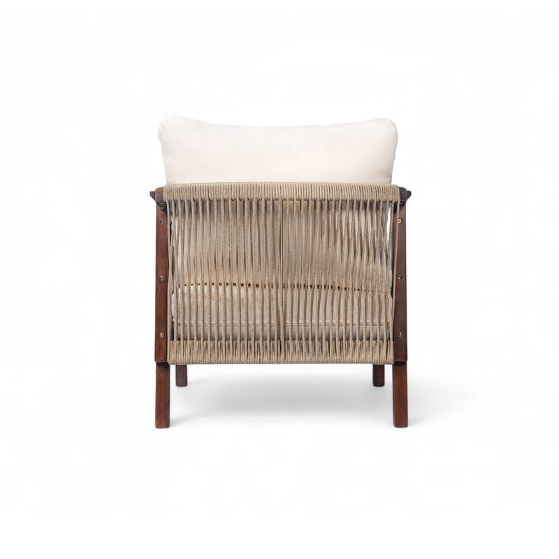 28" Outdoor Lounge Chair with Woven Backrest, Solid Wood Frame, Comfortable Cushions, and Curved Armrests