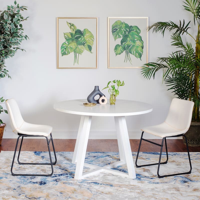 Stylish Dining Table and Chair Set, White Round Dining Table with Trestle, Leather Barrel Chairs with Sled Base