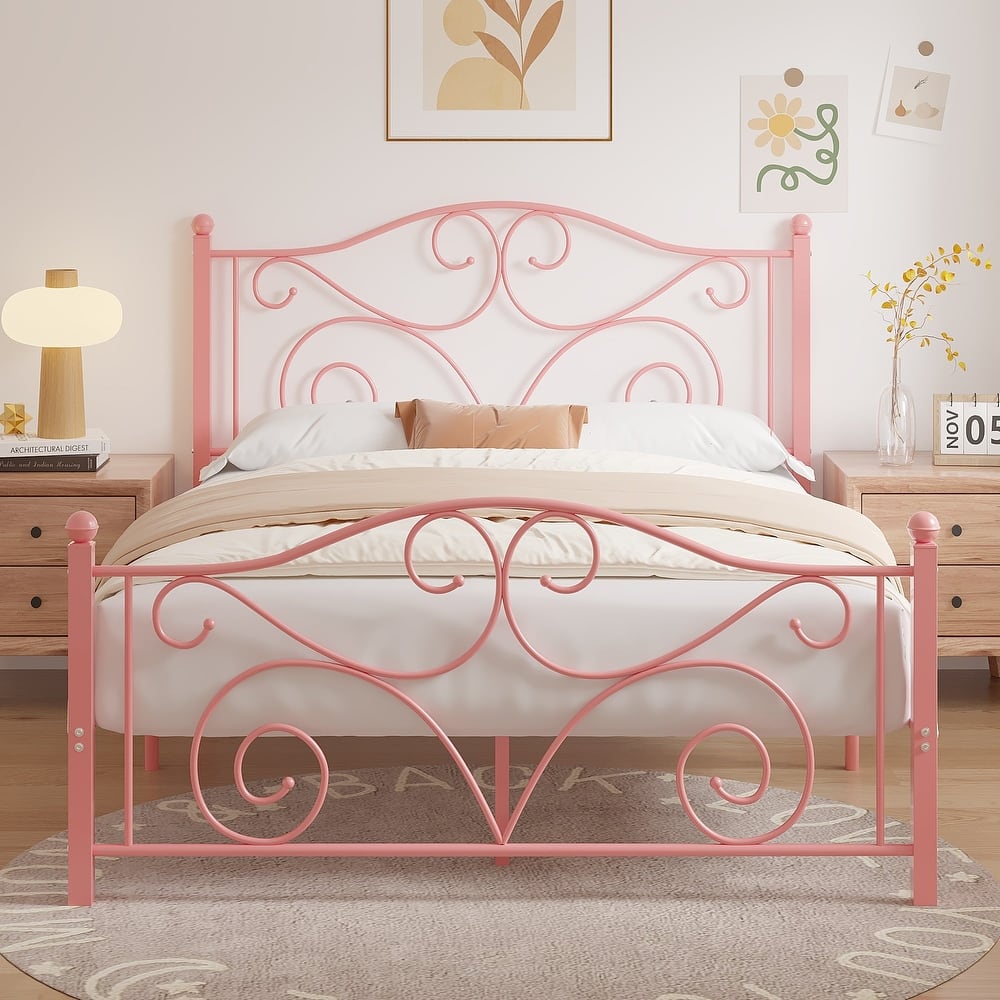 Javlergo Metal Bed Frame with Arched Roman Column Headboard and Footboard Heavy Duty Steel Slat Support No Box Spring Needed