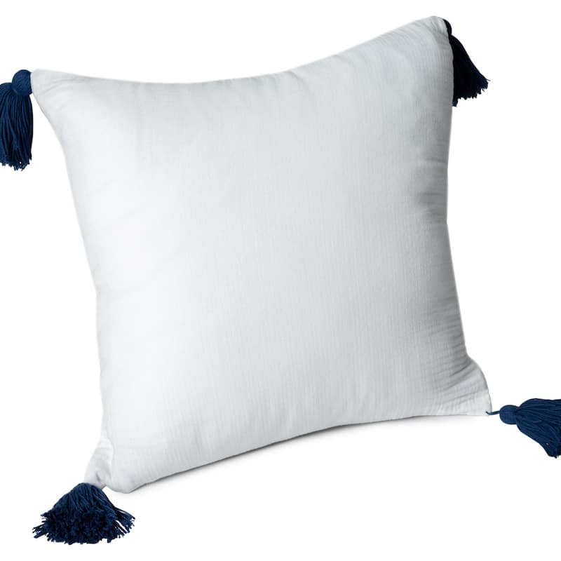 Handmade Square Throw Pillow with Tassels - 20" - White and Blue
