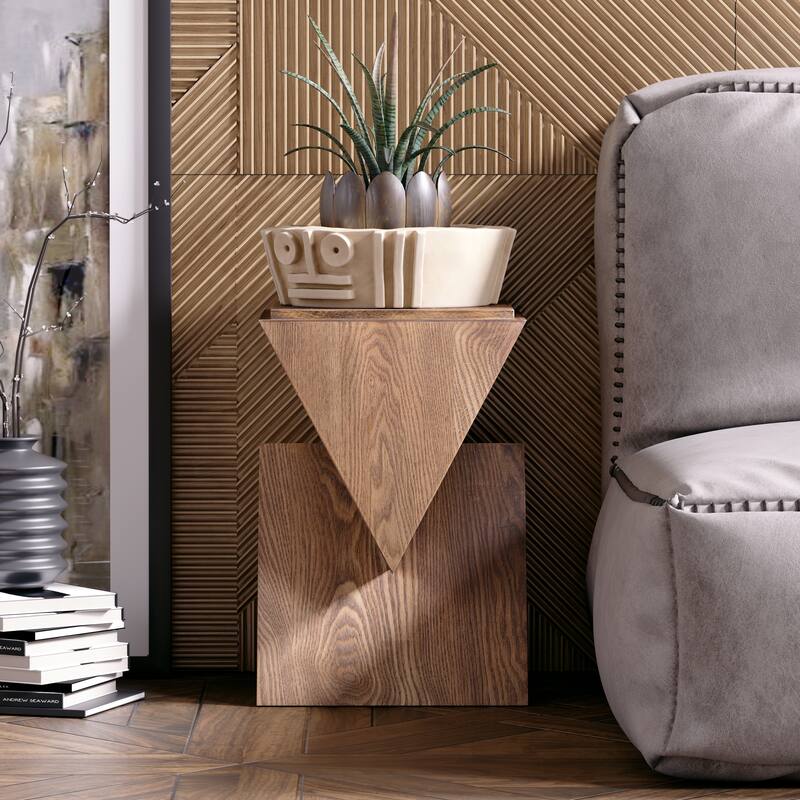 COZAYH Geometric Wood Grain End Table with Structural Design, Farmhouse Side Table with Sculptural Pedestal Base
