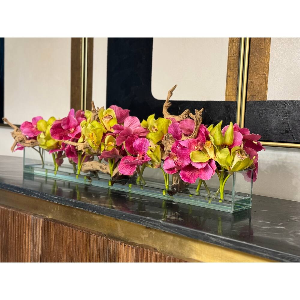 Casa Moderna Glass Planter With Pink Vandas And Green Cymbidiums