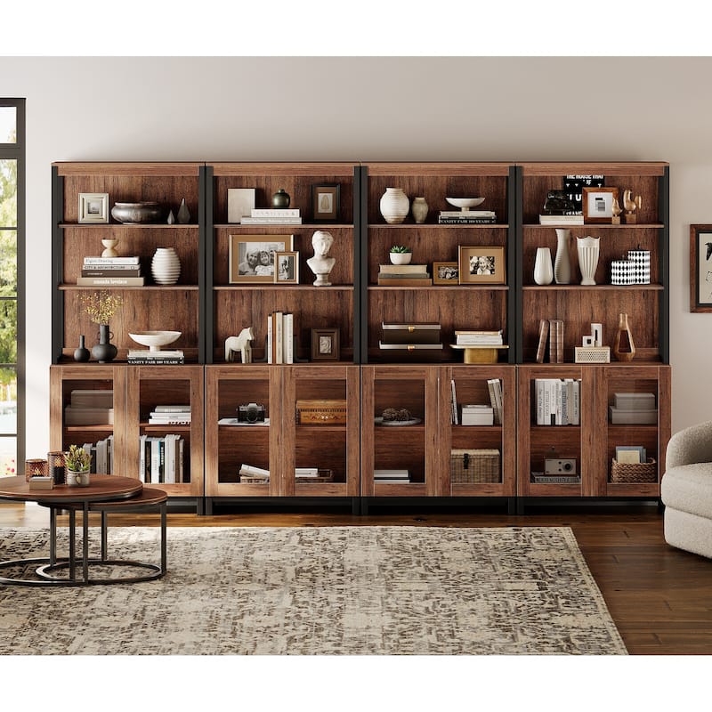 4 PCS Modern 72" Tall Bookcases with Glass Doors and Adjustable Shelves for Home Office, Living room. - 7'9" x 9'9" - Brown