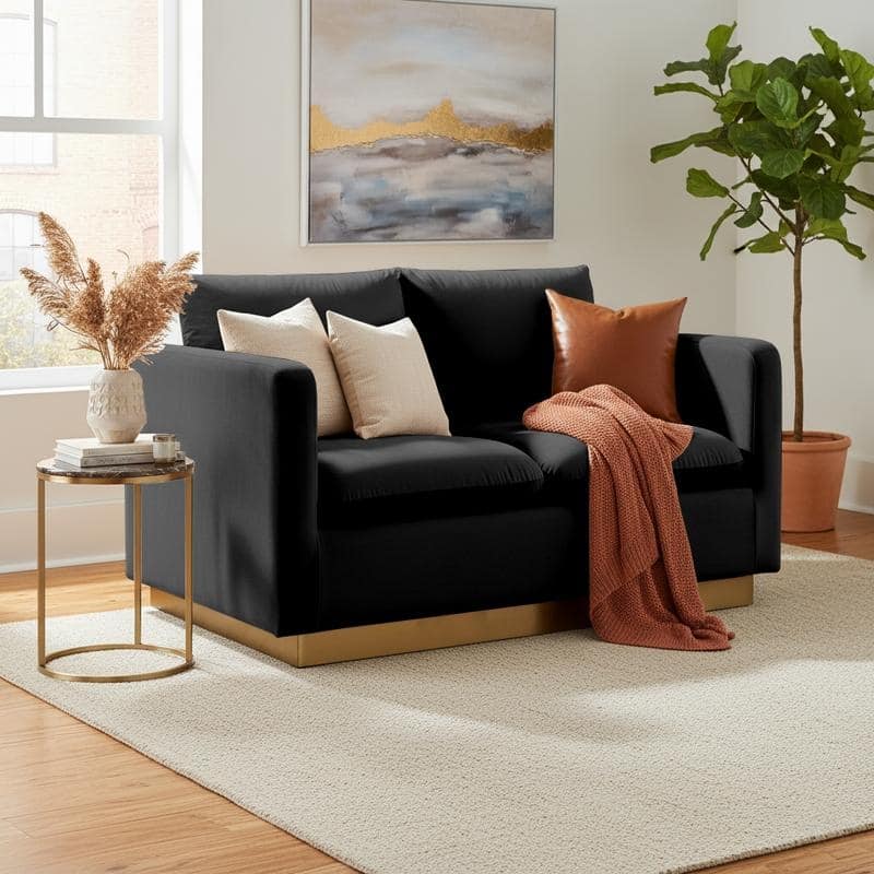 Nervo 2-Seater Modern Accent Velvet Sofa Loveseat Chair in Gold Base with Removable Cushions Couch for Living Room & Bedroom
