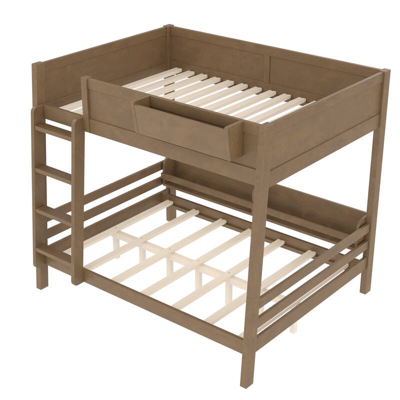 Wood Bunk Bed with Storage Shelves and Bookshelf, Ladder & Guardrails, Detachable Design