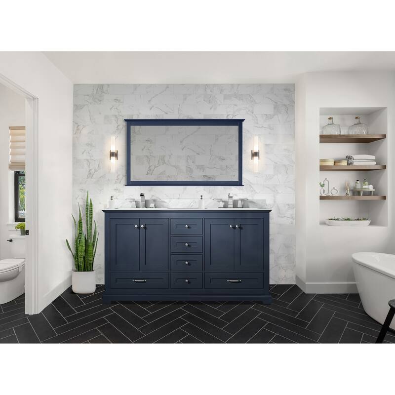 Dukes 60 in. W x 22 in. D Navy Blue Double Bath Vanity, Carrara Marble Top, Faucet Set, and 58 in. Mirror