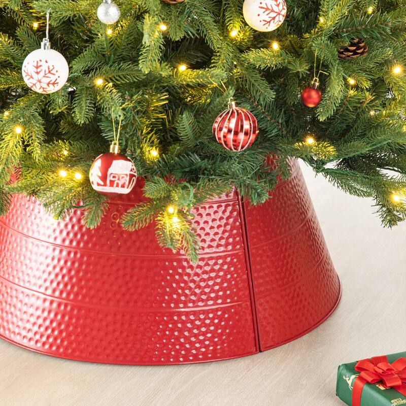 Glitzhome 26"D/22"D Hammered Metal Christmas Tree Collars - Red-26"D