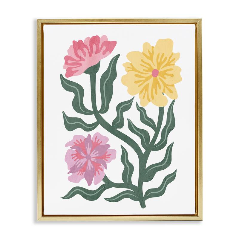 Stupell Modern Blooms with Curved Leaves Framed Floater Canvas Wall Art Design By Kim Allen - 17 x 21 - Gold