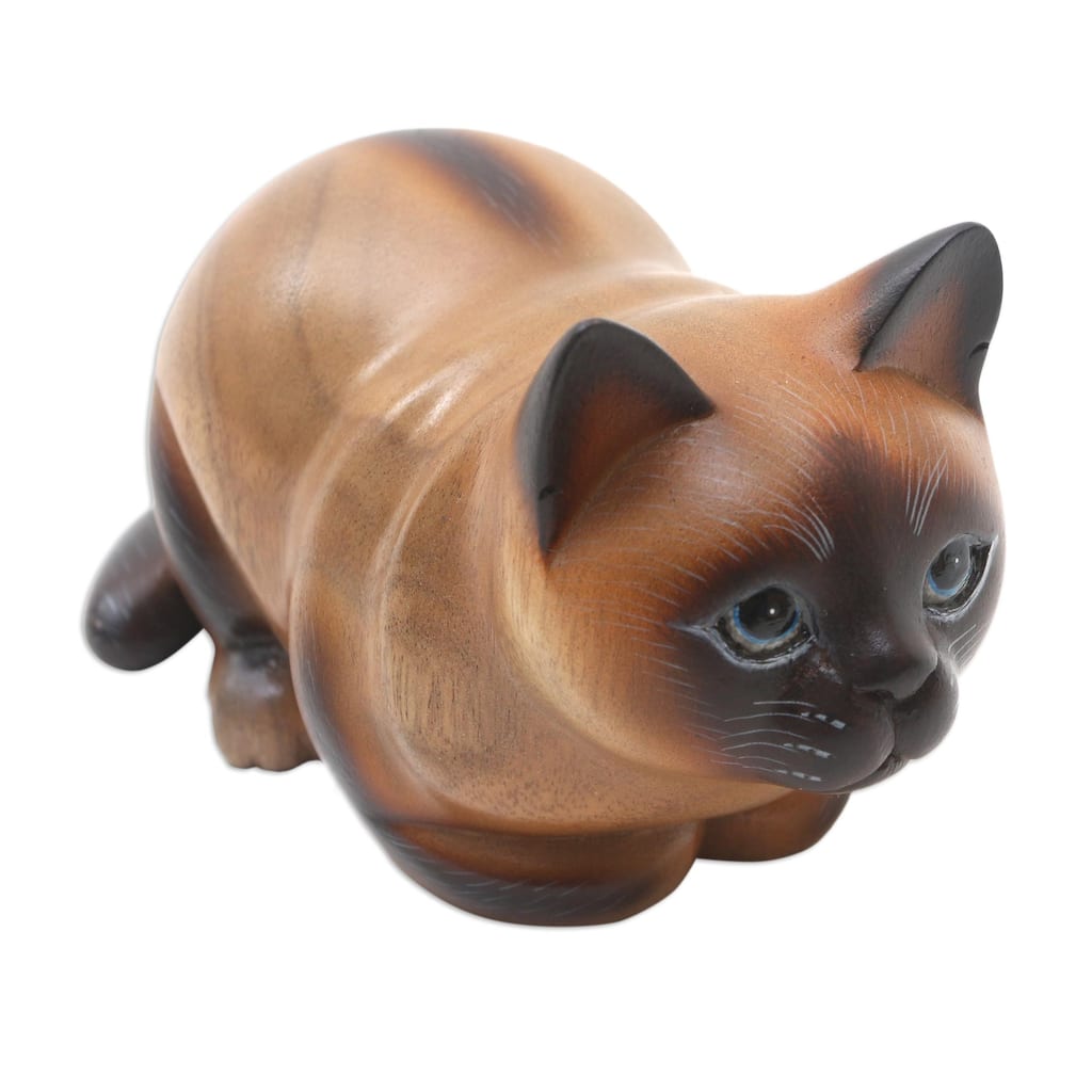 Novica Handmade Fat Cat In Brown Wood Statuette