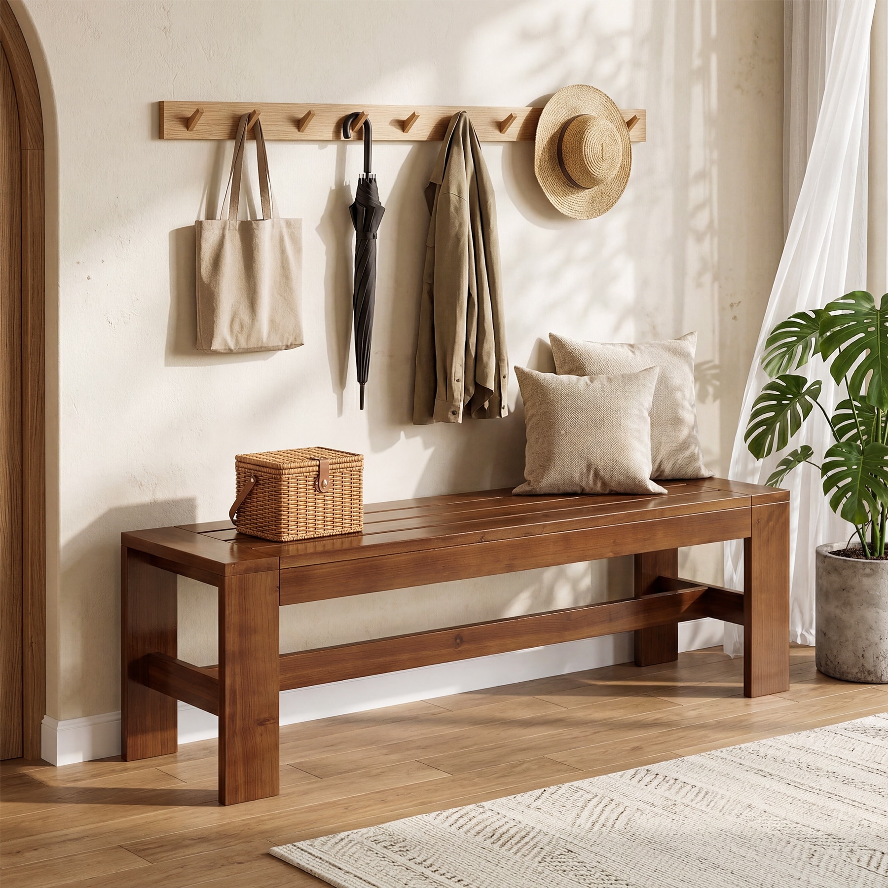55" Solid Wood Farmhouse Entryway Shoe Bench for Living Room/ Bedroom