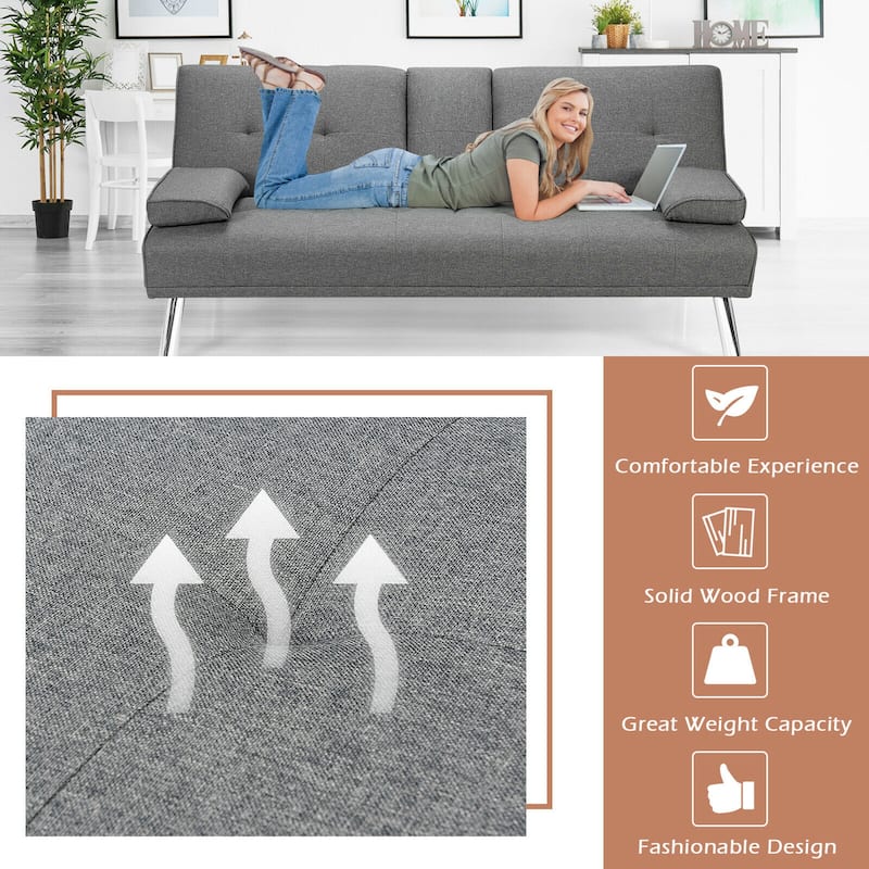 Gymax Fabric Folding Convertible Futon Sofa Bed with 2 Cup Holders - See Details