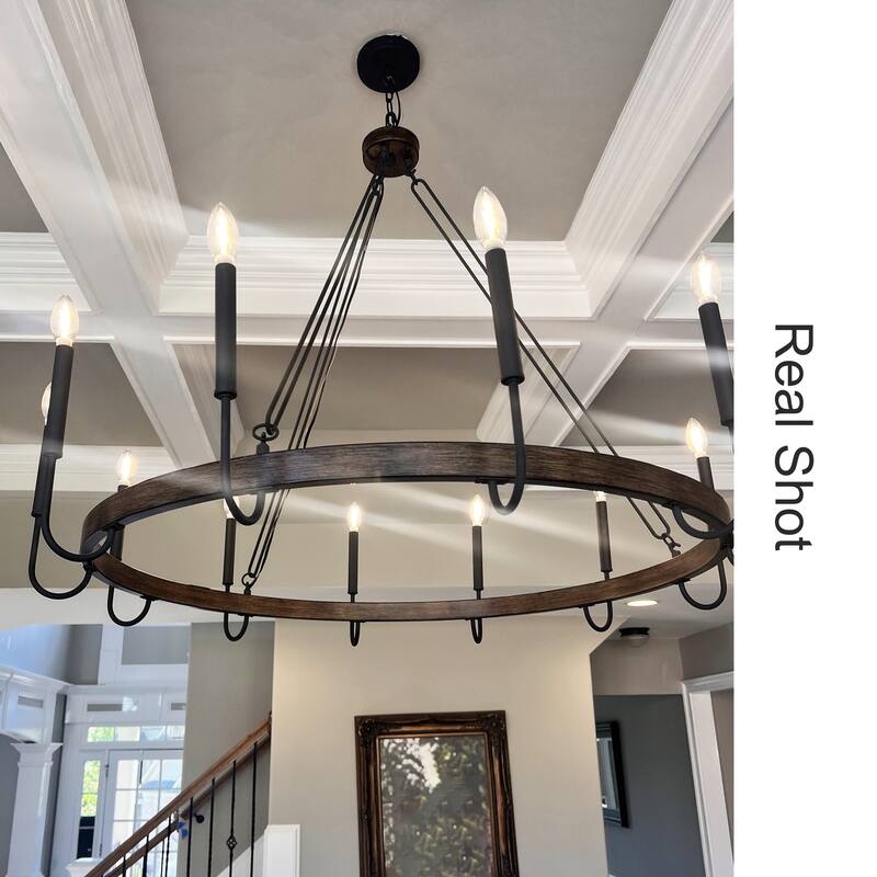 Kiro 12-light 46In Farmhouse Candle Wagon Wheel Chandelier with UL Certified