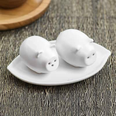 Novica Handmade Portly Pigs In White Ceramic Salt And Pepper Set