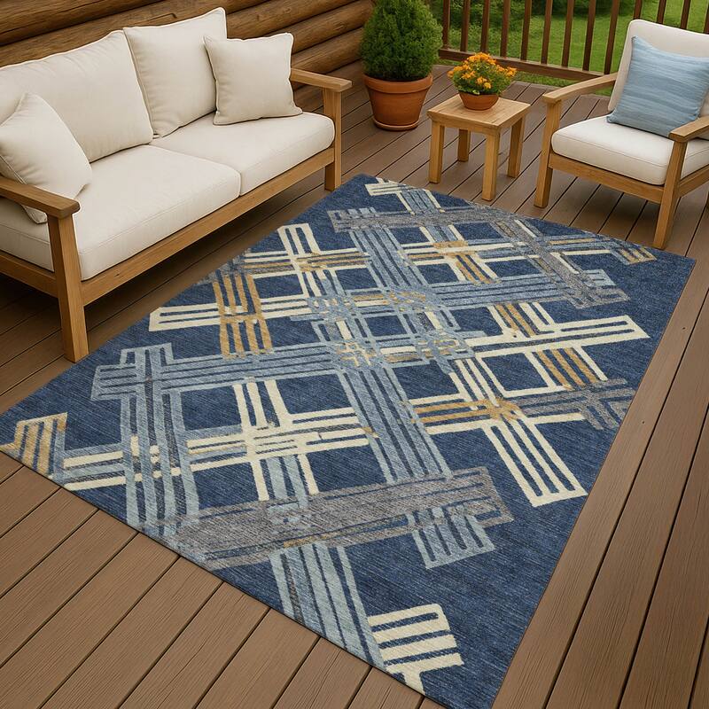 Machine Washable Indoor/ Outdoor Modern Trellis Chantille Rug - Navy - 3' x 5'