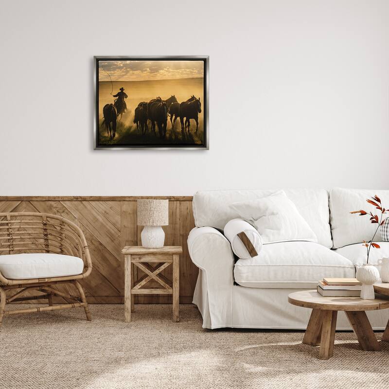 Stupell Cowboy & Horses at Sunset Framed Floater Canvas Wall Art Design by PBurchettePhoto