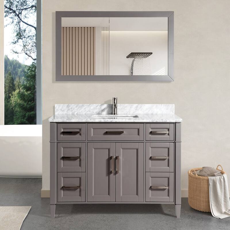 Vanity Art 60-Inch Single Sink Bathroom Vanity Set Carrara Marble Stone Top 7 Drawers 1 Shelf Undermount Sink with Free Mirror