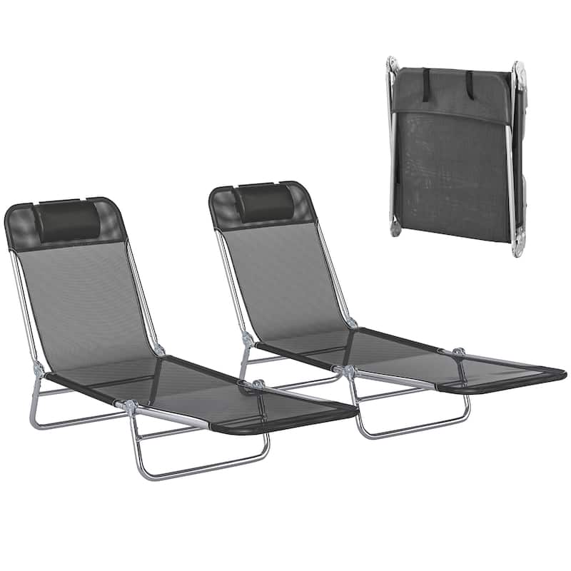 Outsunny Folding Chaise Lounge Pool Chairs, Set of 2 Outdoor Sun Tanning Chairs with Pillow, Six-Position Reclining Back